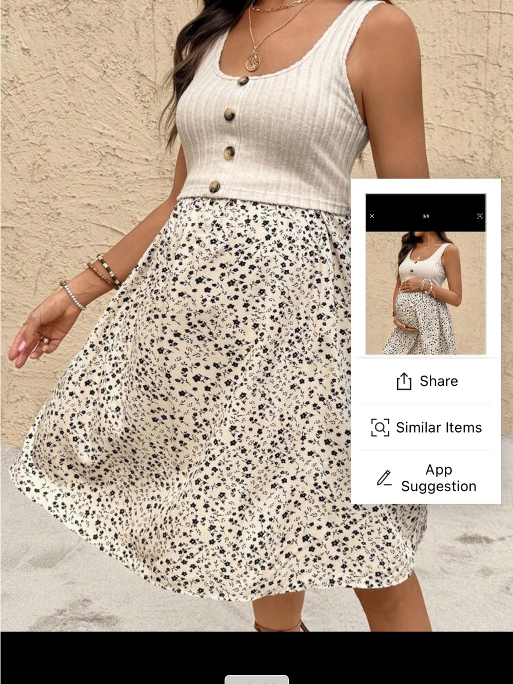 SHEIN maternity Cream Ribbed Button Tank Top with Black Floral Midi Skirt Dress